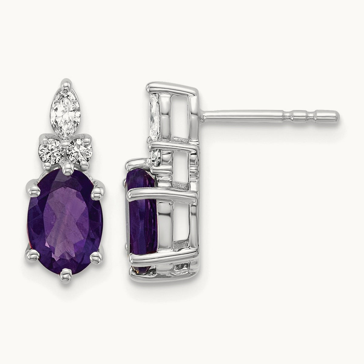 Diamond and Amethyst Post Earrings — 14K White Gold