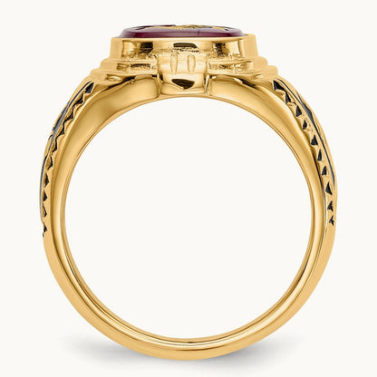 Men's Textured w/ Black Enamel & Lab Cr. Ruby Masonic Ring, 14K
