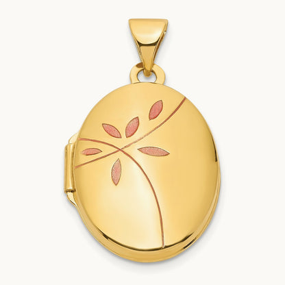 Enamel Leaves Oval Locket — 14K Yellow Gold
