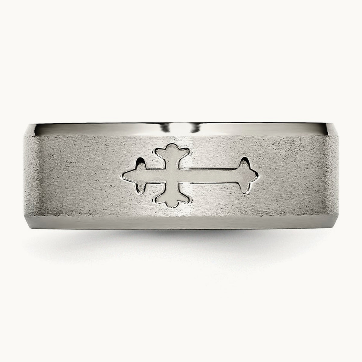 Brushed Center Cross Design Beveled Edge Band — 8mm