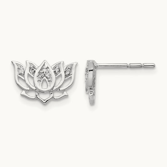 Diamond Lotus Flower Earrings, 14K White Gold