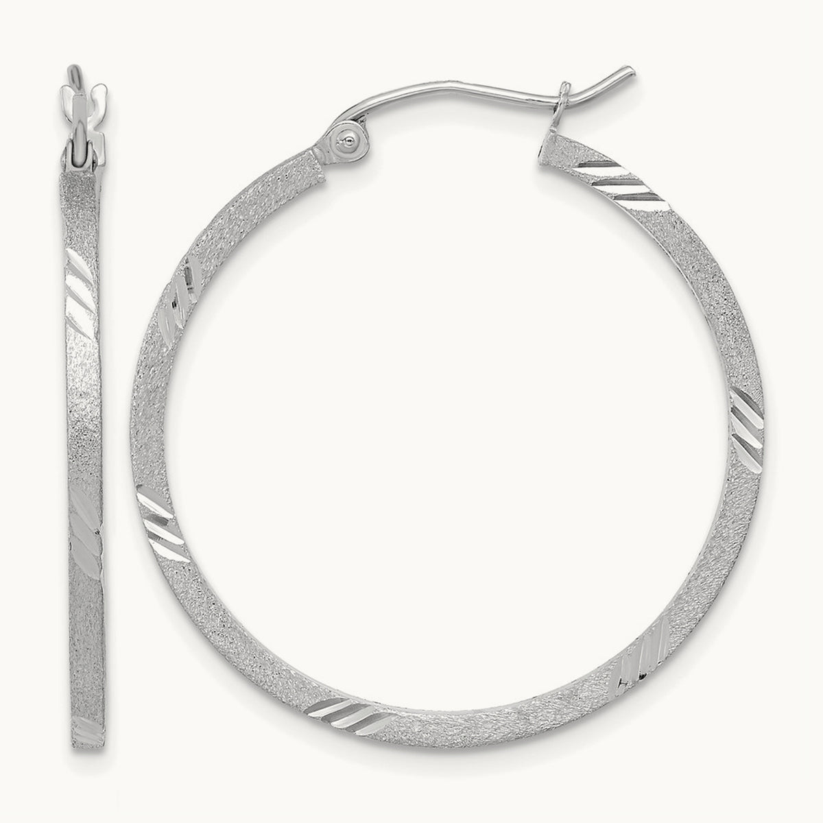 Satin Diamond-cut Square Tube Hoop Earrings — 14K White Gold, 29.75mm