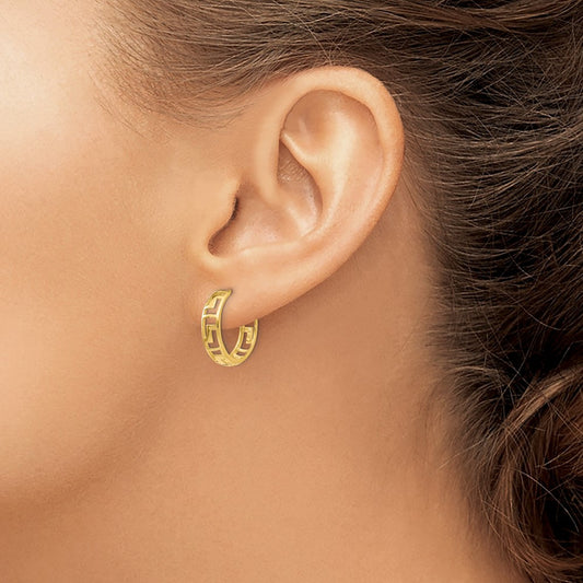 Greek Key Hinged Hoop Earrings — 14K Yellow Gold