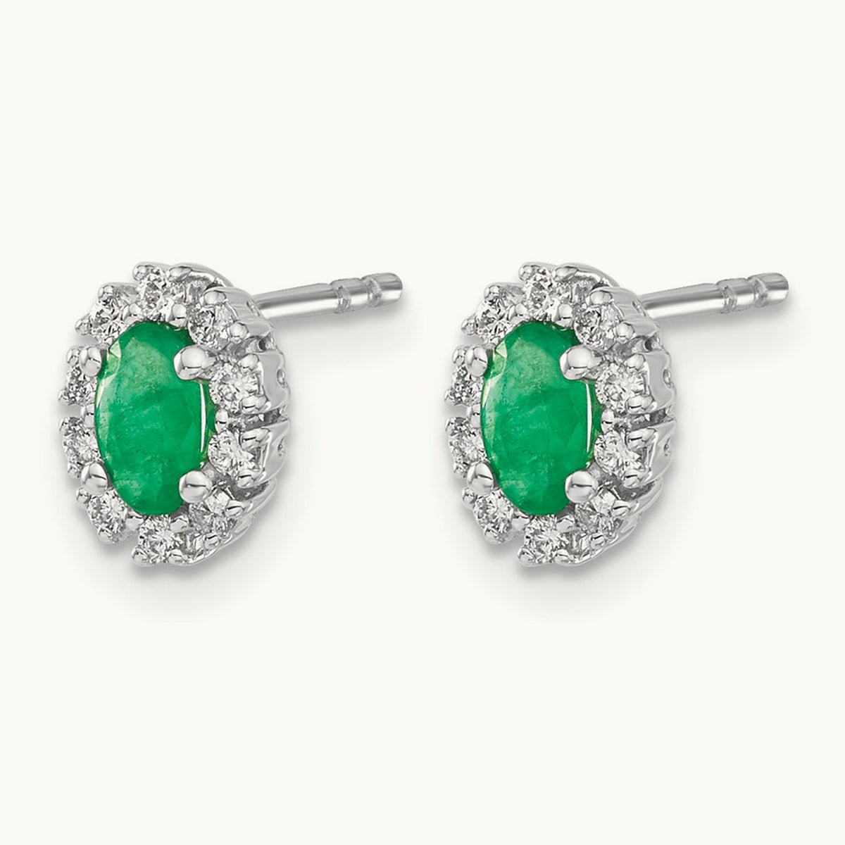 Diamond and Emerald Oval Halo Earrings — 14K White Gold