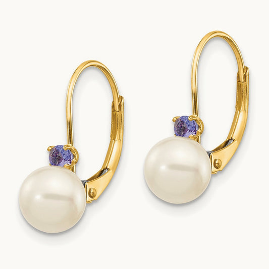 6- White Round FW Cultured Pearl Tanzanite Leverback Earrings, 6.5mm, 14K