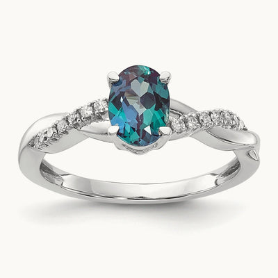 Oval Created Alexandrite and Lab-Grown Diamond Ring — 14K White Gold, 7