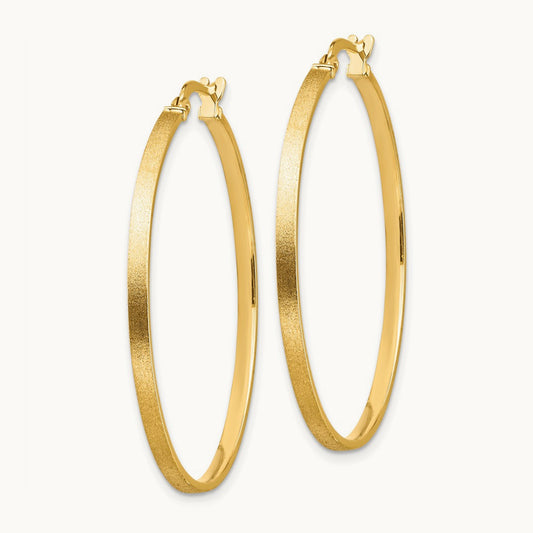 Brushed and Polished Hoop Earrings, 2mm, 14K