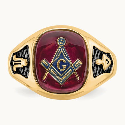 Men's Textured w/ Black Enamel & Lab Cr. Ruby Masonic Ring, 14K