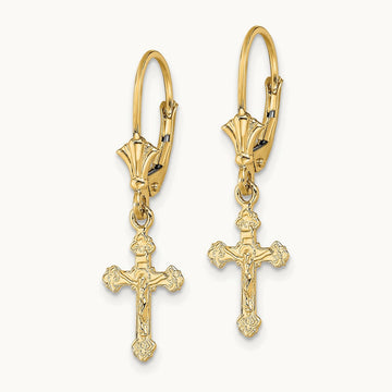 Crucifix Leverback Earrings, 14K