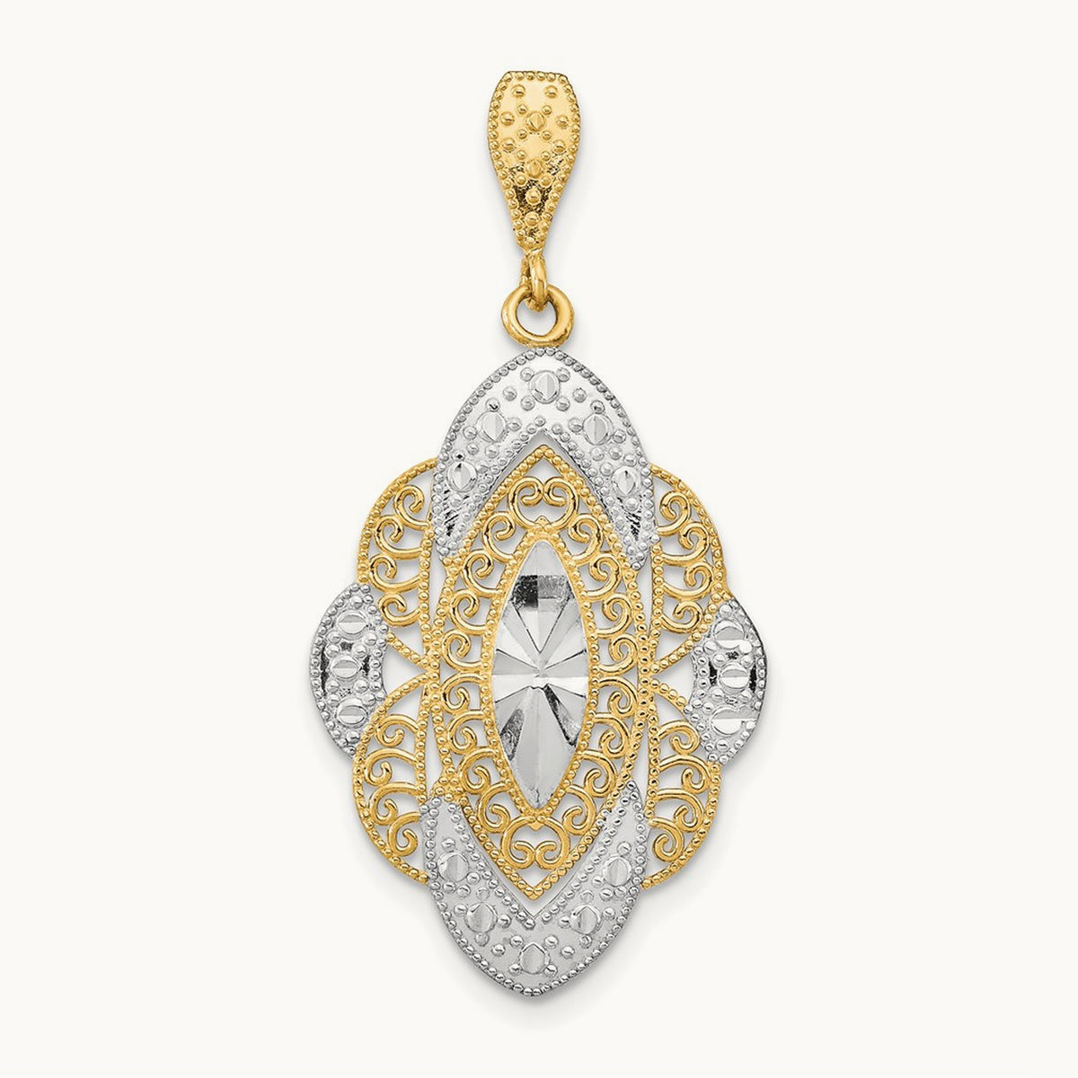 w/Rhodium D/C Filigree Oval Charm, 14K