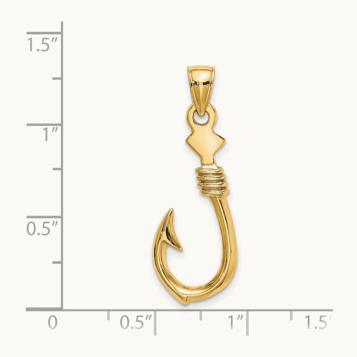 3-D Large Fish Hook with Rope Charm — 14K Yellow Gold