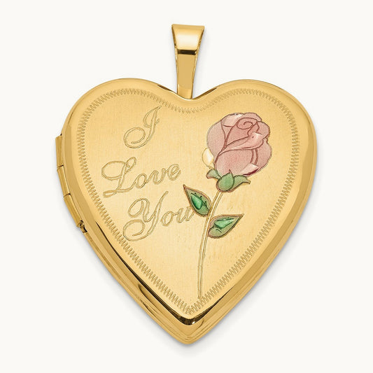 Enameled Rose I LOVE YOU Heart Locket, 20mm, 14K
