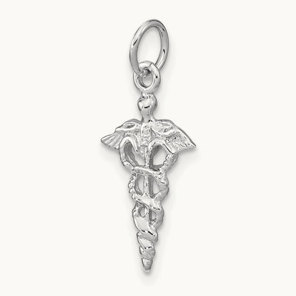 3-D Caduceus Charm, 14K White Gold