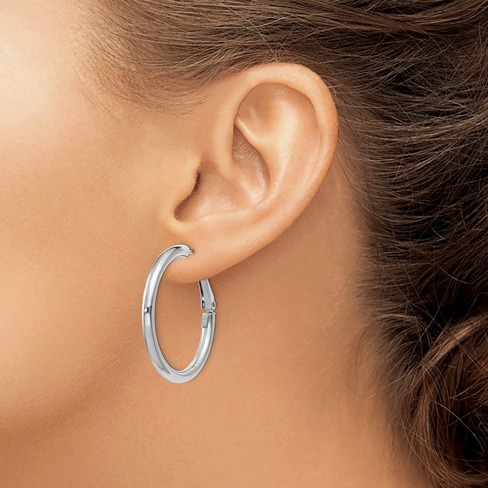 Polished Round Omega Back Hoop Earrings — 14K White Gold, 3x32mm