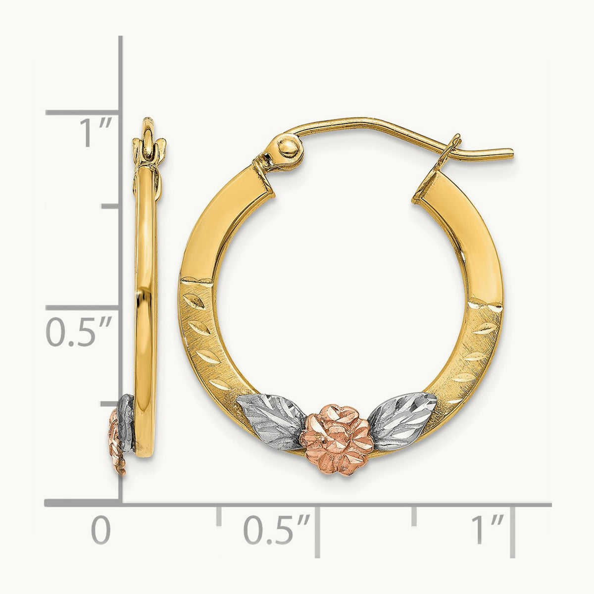 & Rose Gold w/ Rhodium Diamond Cut Flower Hoop Earrings, 14K Yellow