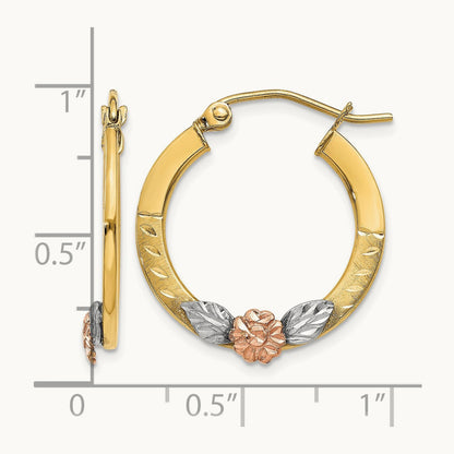 & Rose Gold w/ Rhodium Diamond Cut Flower Hoop Earrings, 14K Yellow