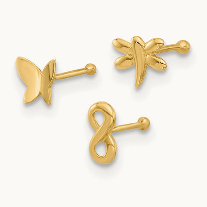 22 Gauge Polished Infinity Symbol, Dragonfly and Butterfly Nose Stud, 14K