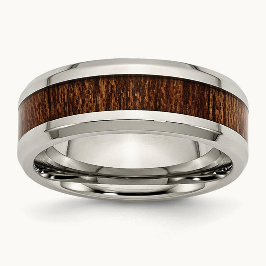 Polished Brown Koa Wood Inlay Enameled Band, 8mm, Stainless Steel