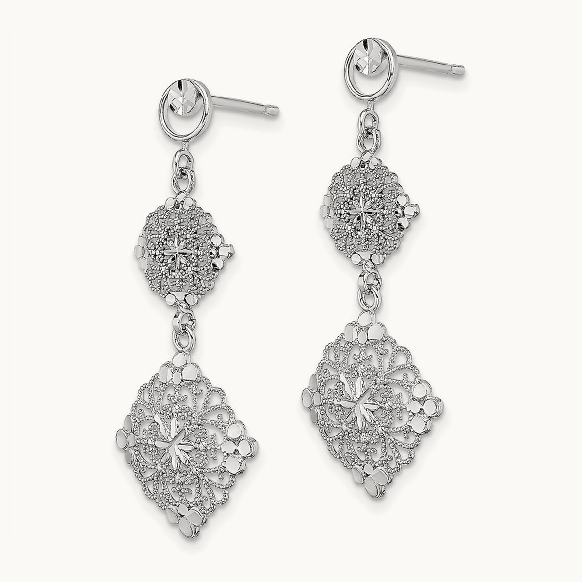 D/C Filigree Medallion Drop Earrings, 14K White Gold