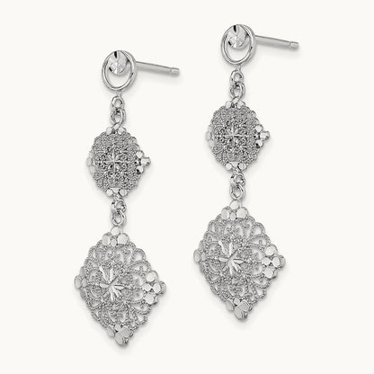 D/C Filigree Medallion Drop Earrings, 14K White Gold