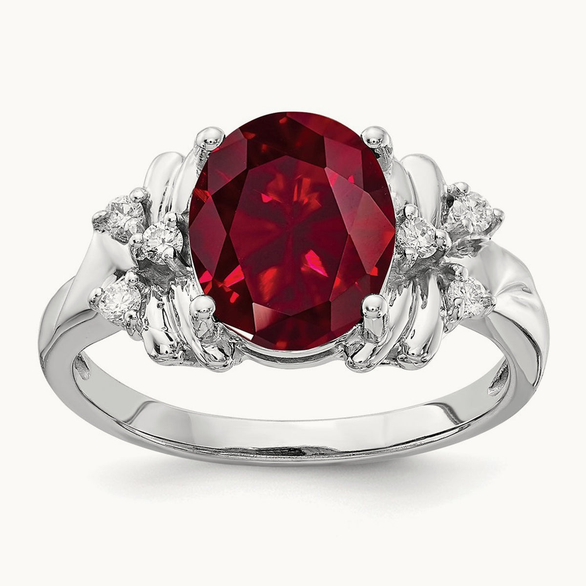 10x8mm Oval Created Ruby AA Diamond ring, 14K White Gold
