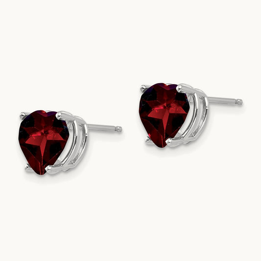 Heart Garnet earring, 8mm, 14K White Gold
