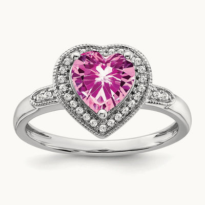 Heart Created Pink Sapphire and Diamond Halo Ring, 14K White Gold