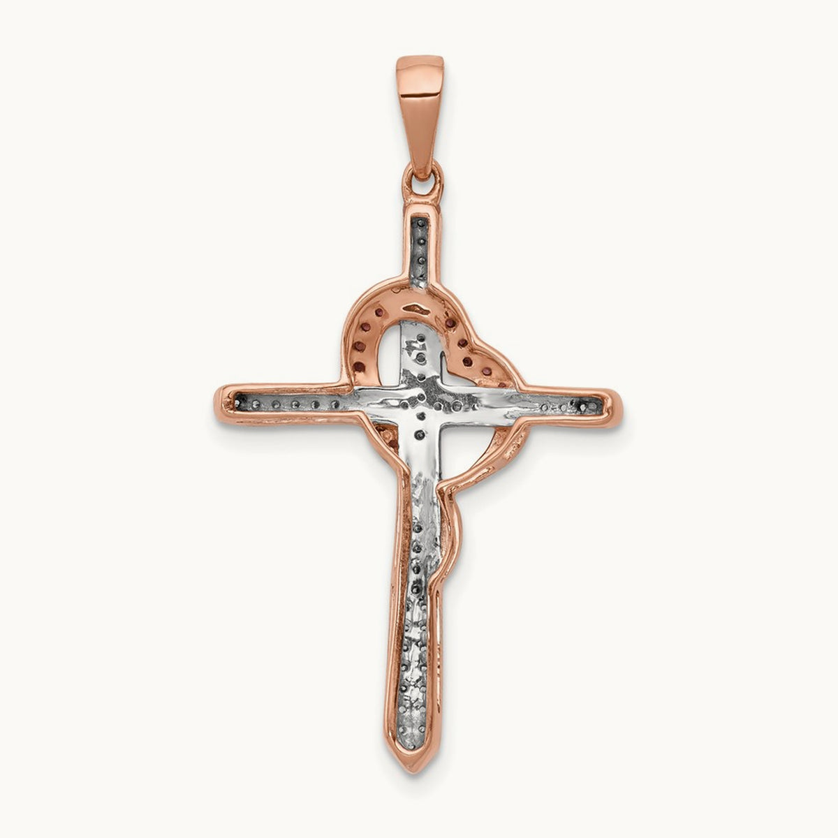 Red and White Diamond Cross w/Heart Pendant, 14K Rose Gold