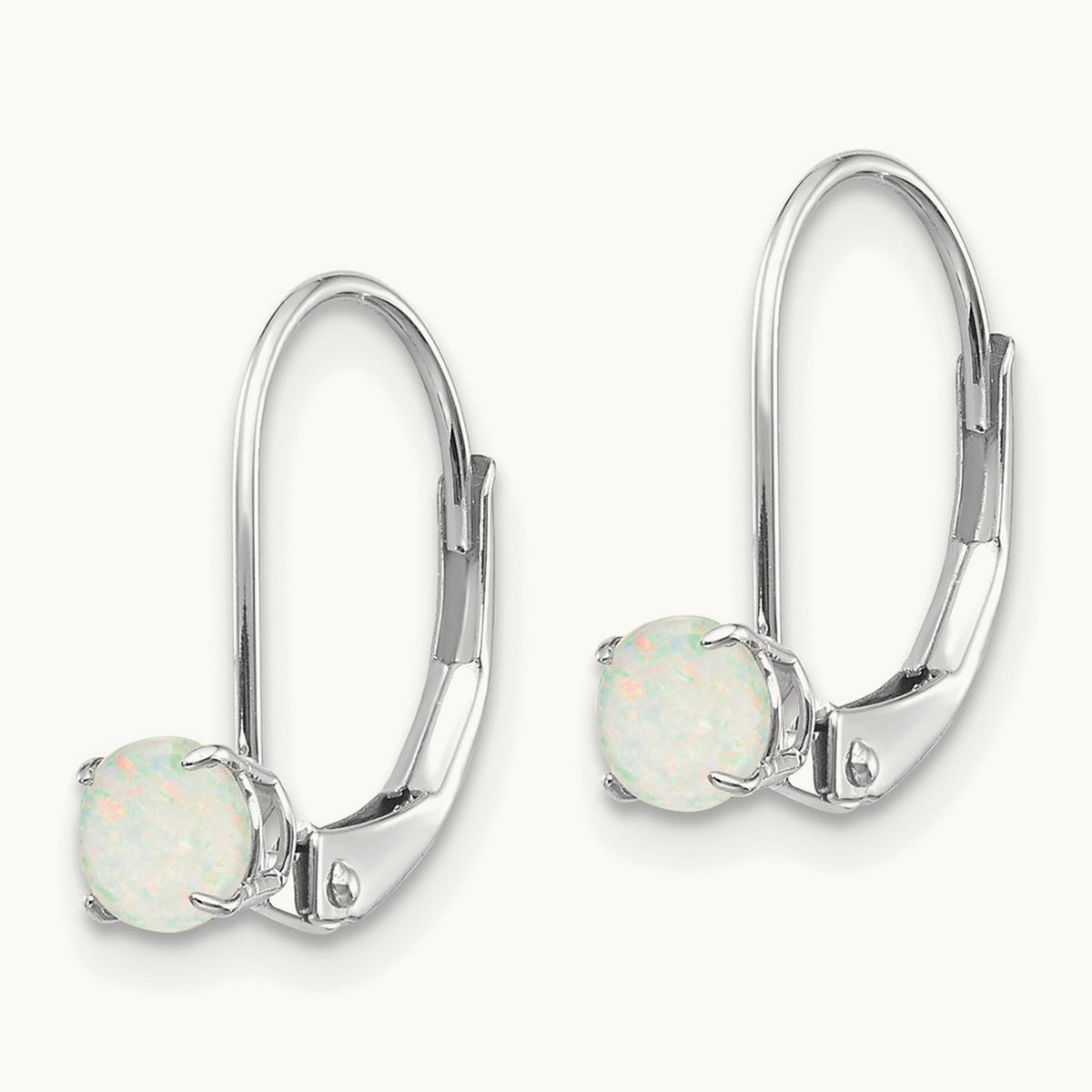 Round October/Opal Leverback Earrings — 14K White Gold