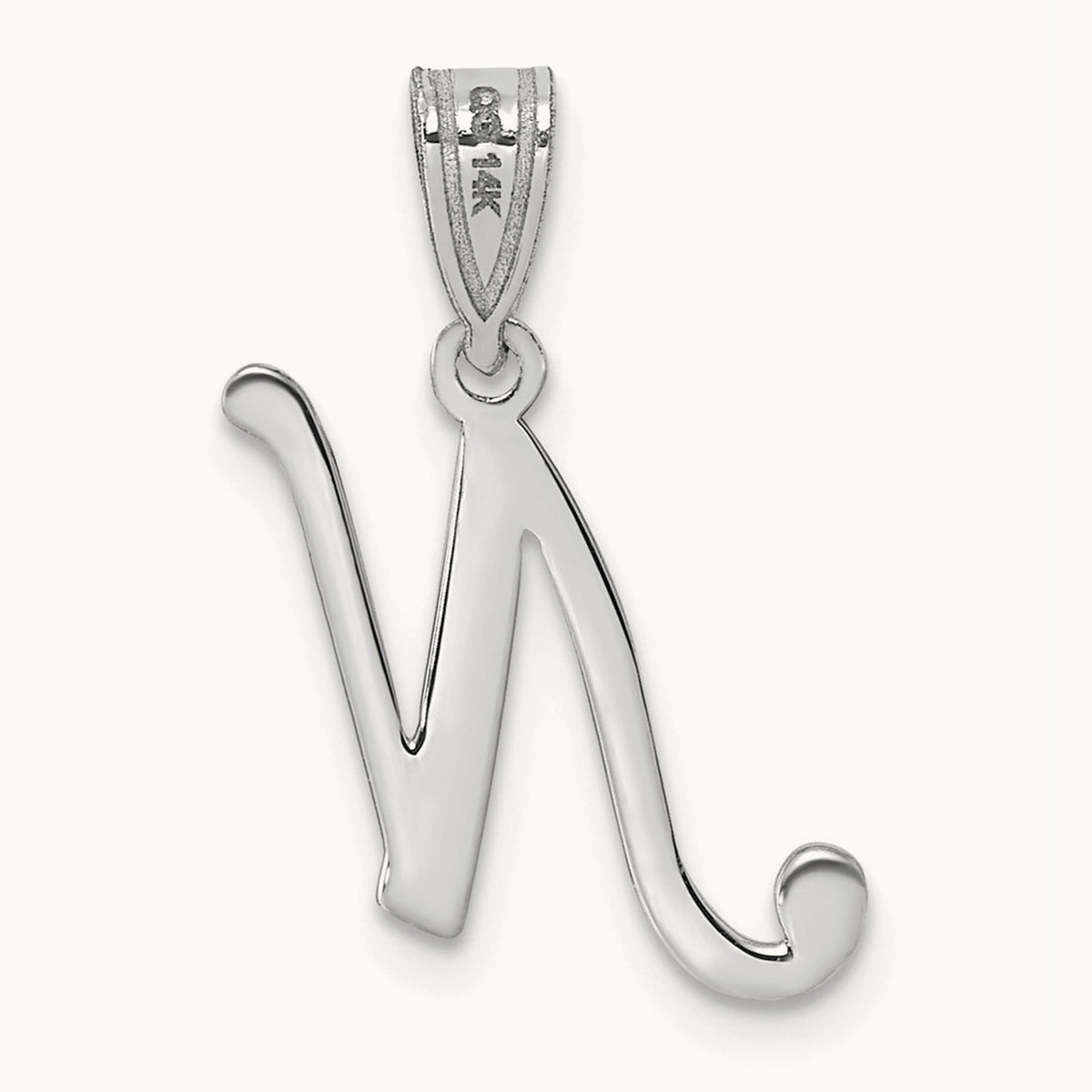 White Gold Script Letter N Initial Pendant, 14K White Gold