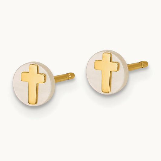 Polished Mother of Pearl Cross Post Earrings, 14K
