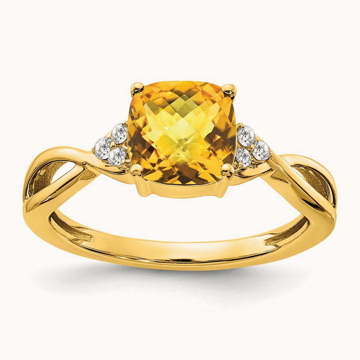 Checkerboard Citrine and Diamond Ring — 14K Yellow Gold, 7