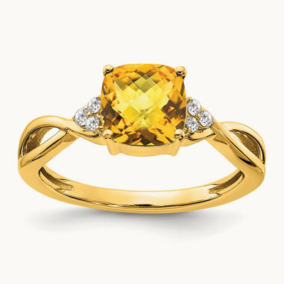 Checkerboard Citrine and Diamond Ring — 14K Yellow Gold, 7