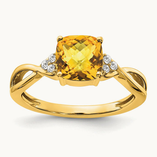 Checkerboard Citrine and Diamond Ring — 14K Yellow Gold, 7