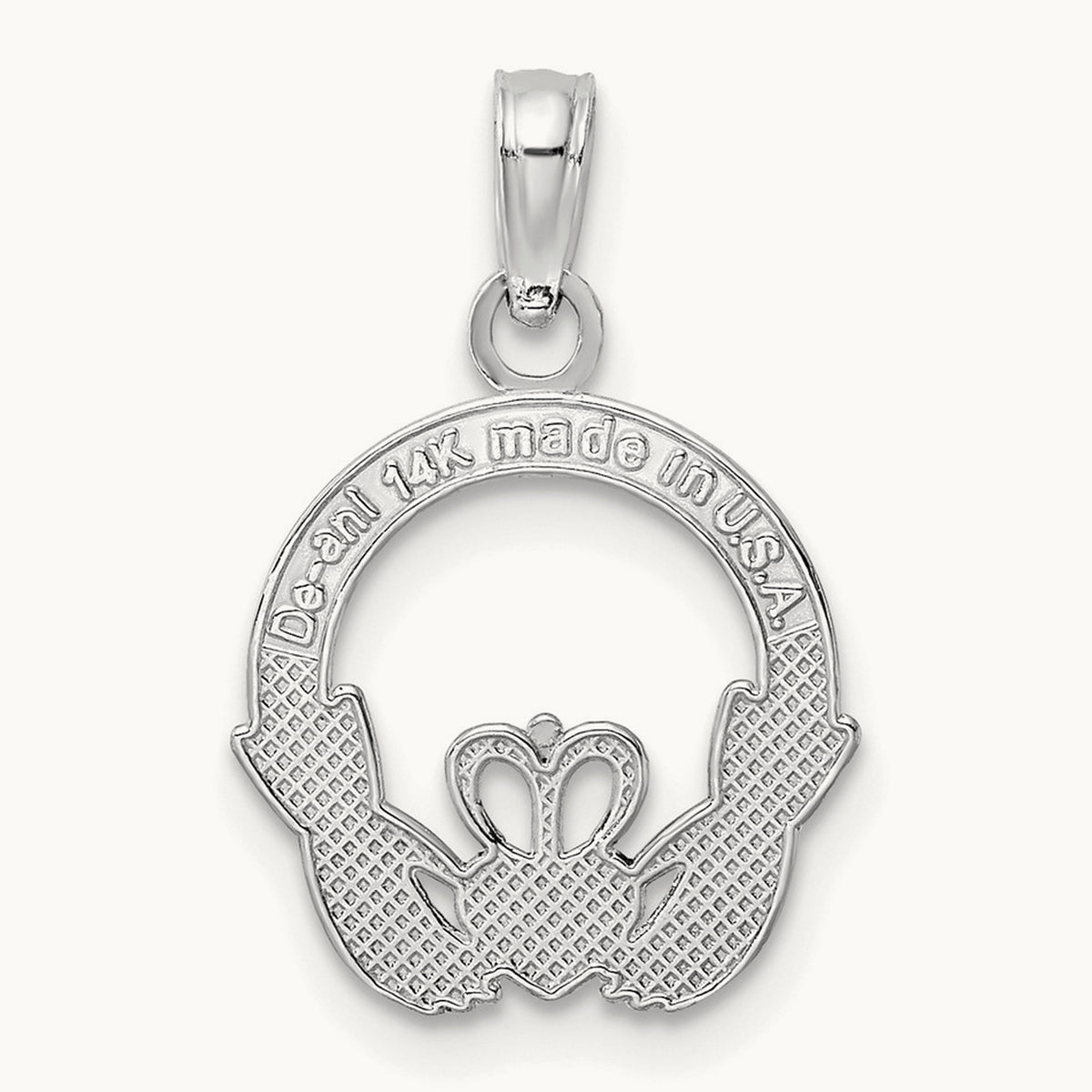 Polished Round Claddagh Charm — 14K White Gold