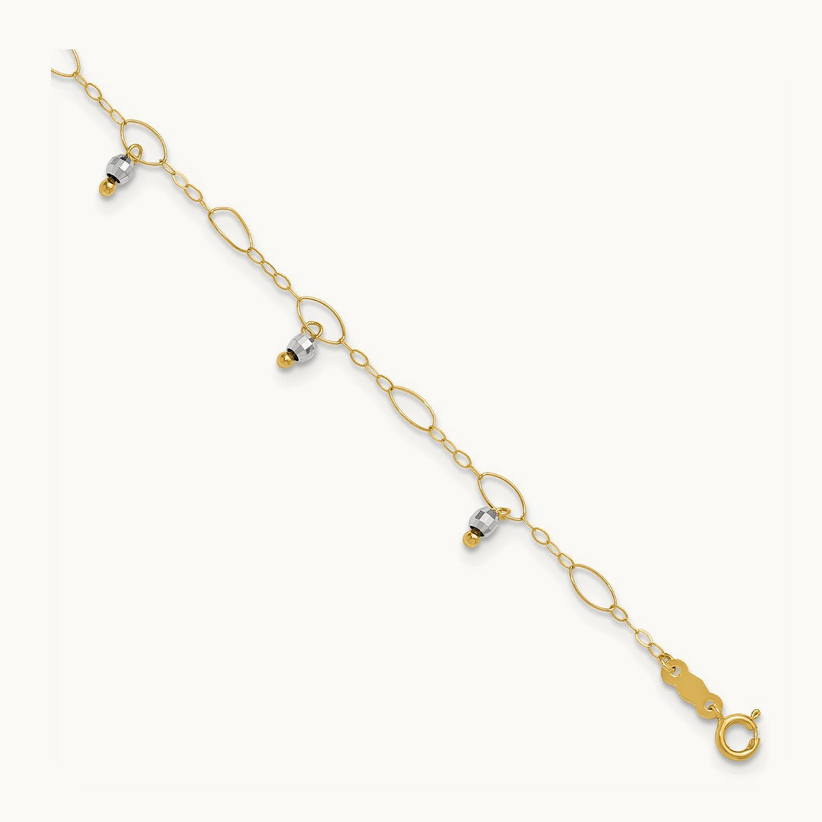 Mirror Beaded 9in Plus 1in ext. Anklet, 14K Two-tone
