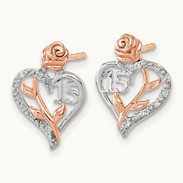 Diamond Quinceanera Heart Post Earrings, 14K White with Rose Gold