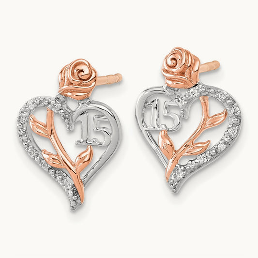 Diamond Quinceanera Heart Post Earrings, 14K White with Rose Gold