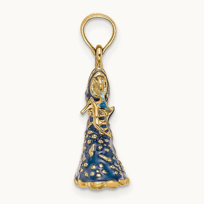 3-D Moveable Enamel Blue Floral Dress w/ Shoe Charm, 14K