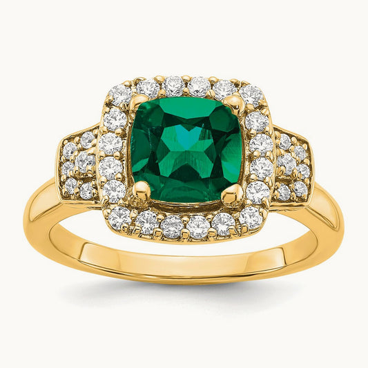 Created Emerald Halo Ring, 0.50 ct tw Lab-Grown Diamond