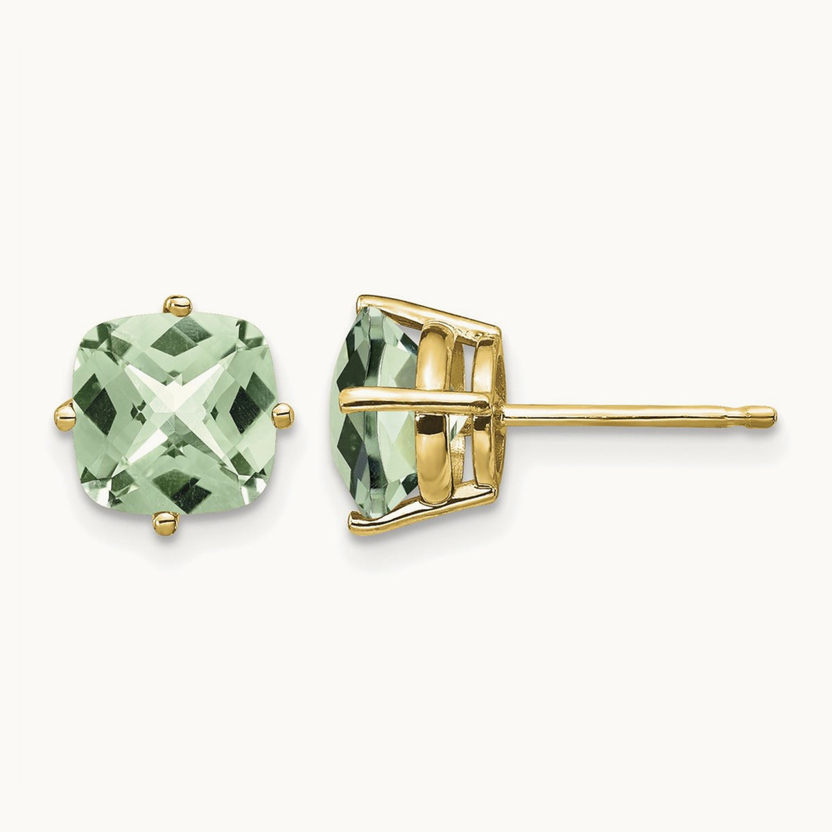 Cushion Checker-Cut Green Quartz Earring, 7mm, 14K