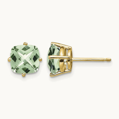 Cushion Checker-Cut Green Quartz Earring, 7mm, 14K