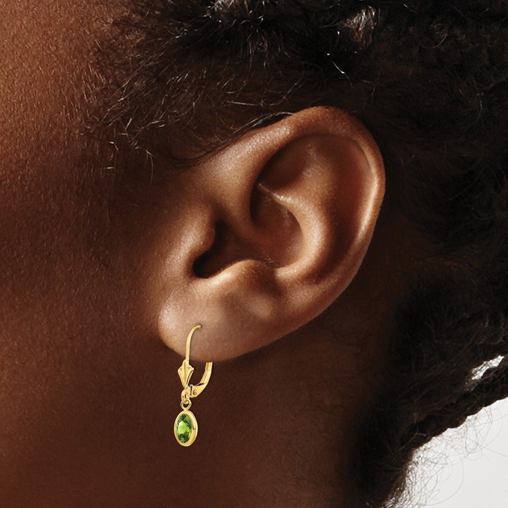 6x4 Oval Bezel August/Peridot Leverback Earrings — 14K Yellow Gold