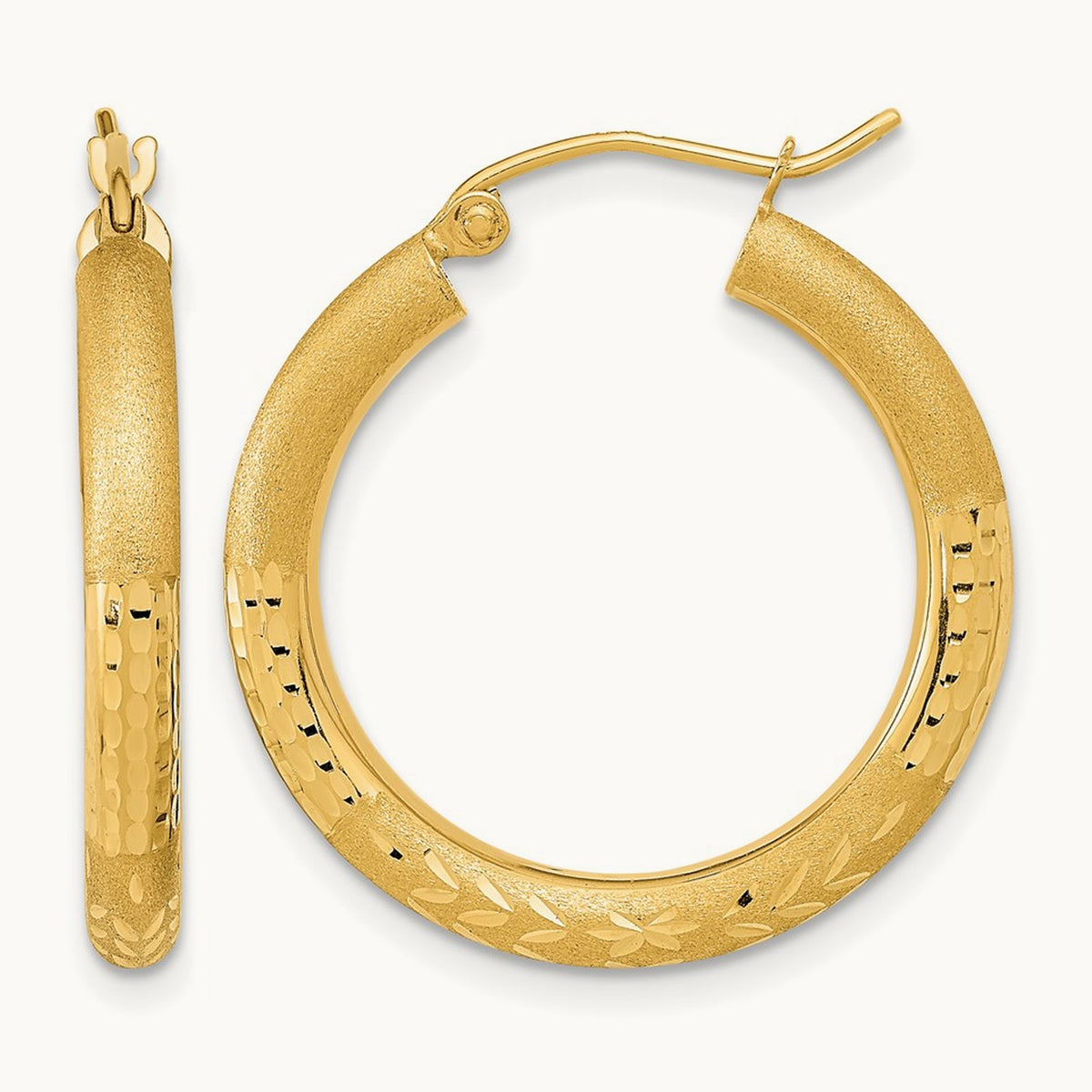 Polished Satin and Diamond-cut Hoop Earringss, 14K