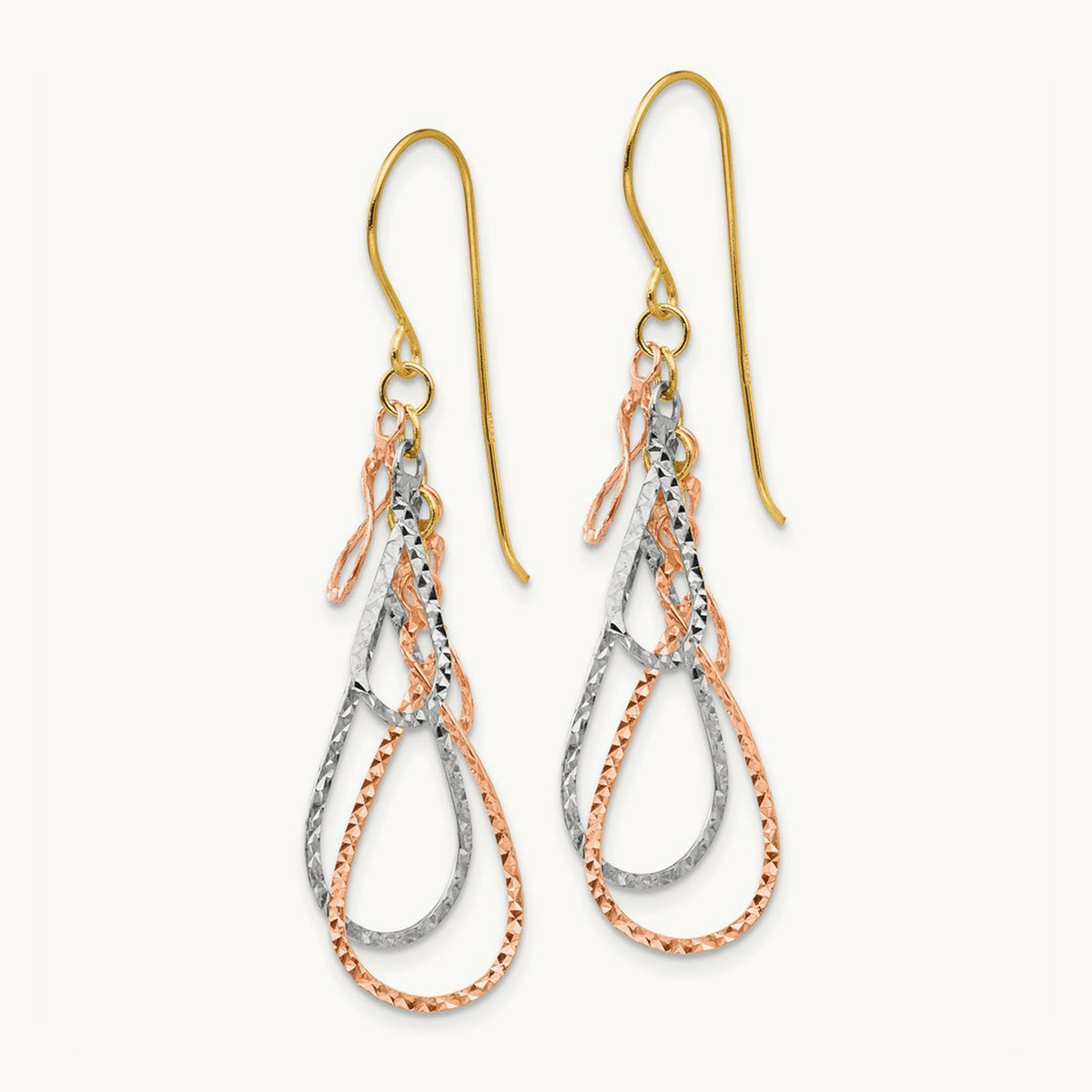 Tri-color Diamond Cut Tear Drop Dangle Earrings, 14K