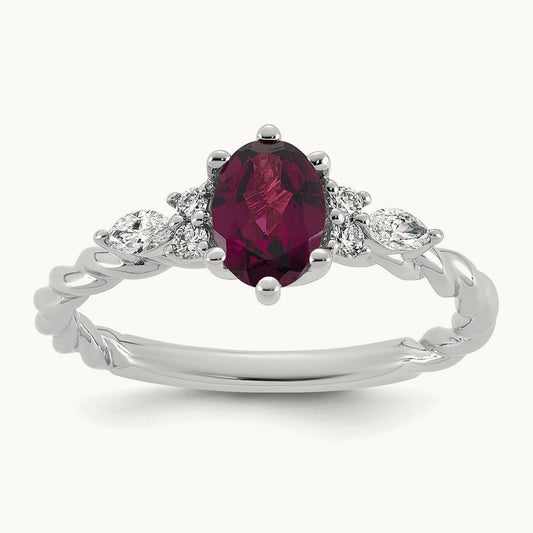 Polished Diamond and Rhodolite Garnet Twisted Ring — 14K White Gold