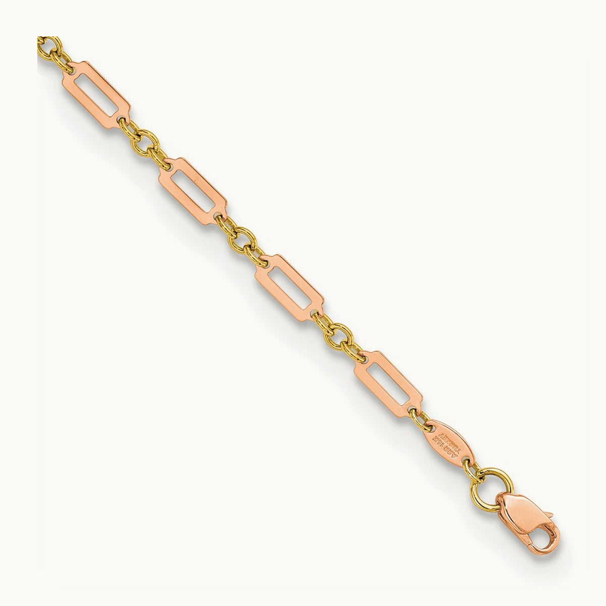 Polished Fancy Rectangle Link 7.5in Bracelet — 14K Two-Tone Gold
