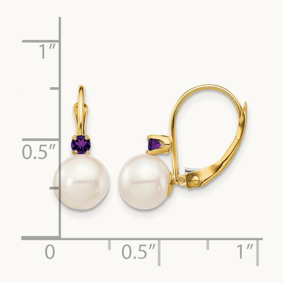 7- White Round FWC Pearl Amethyst Leverback Earrings, 7.5mm, 14K