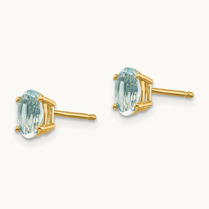 6x4 Oval March/Aquamarine Post Earrings — 14K Yellow Gold