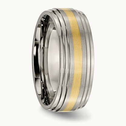 Brushed Center with 14K Yellow Inlay Ridged Edge Band — photo set